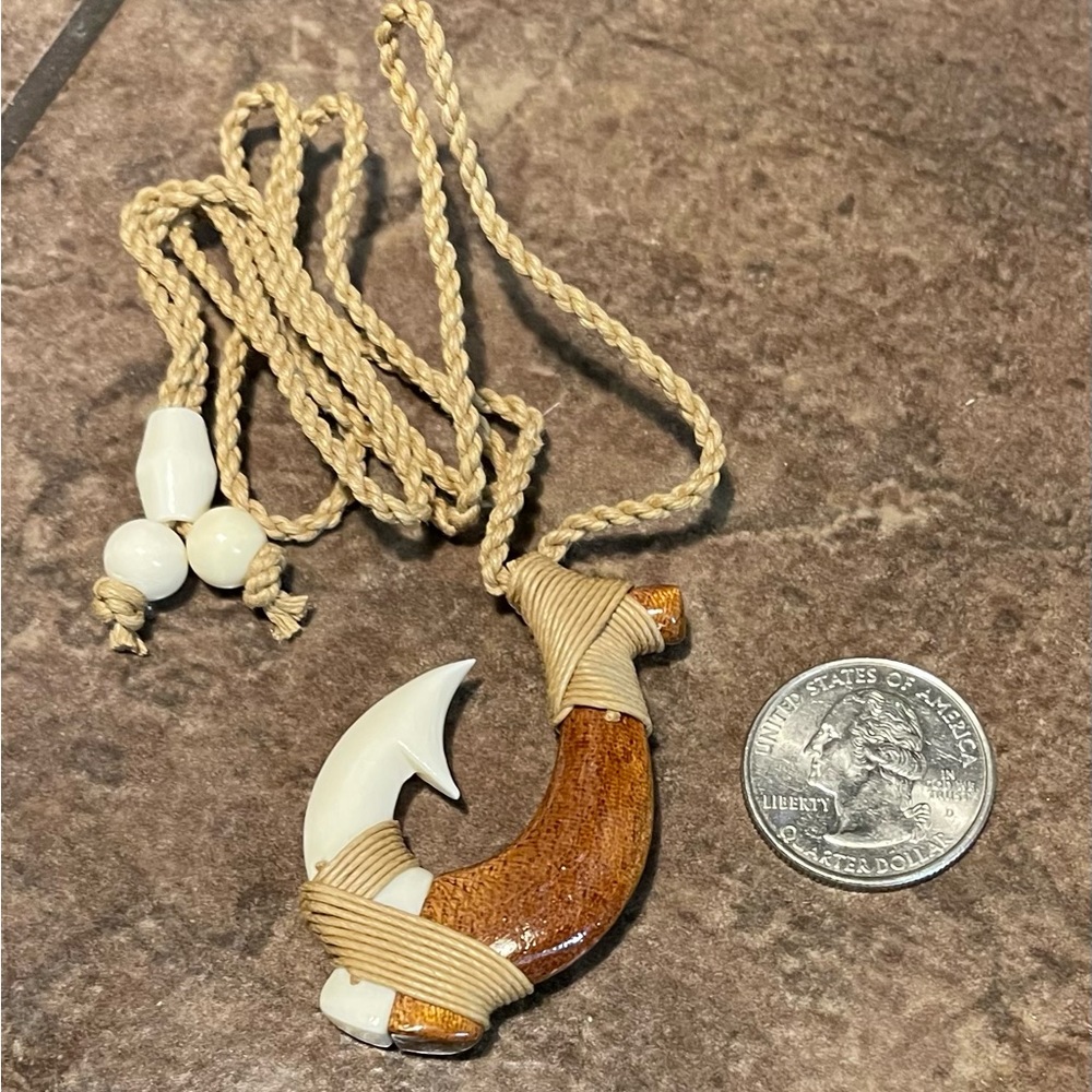 Maui Hawaiian Hand Carved Koa Fish Hook Necklace w/ adjustable hemp cord